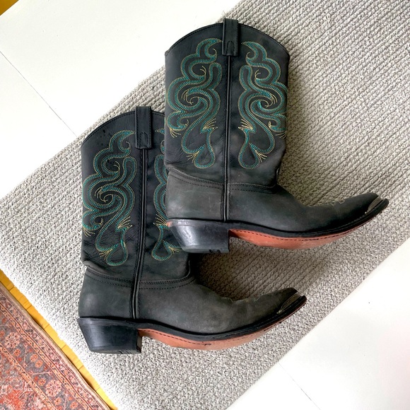 Vintage Smokey Mountain Teal Brown Embroidered Black Leather Cowboy Boots - Picture 3 of 15